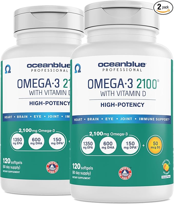 Oceanblue Professional Omega-3 2100 with Vitamin D3 – 120 ct - 2pack – Triple Strength Burpless Fish Oil Supplement with High-Potency EPA, DHA, DPA and Vitamin D3 – Wild-Caught – Orange Flavor