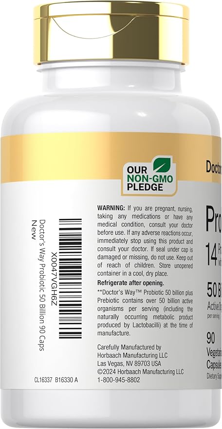 Doctor's Way Probiotic Supplement | 50 Billion Active Organisms | 90 Capsules | 14 Strains with Prebiotic | for Men and Women | Vegetarian, Non-GMO, Gluten Free