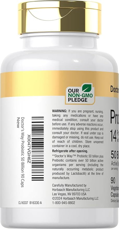 Doctor's Way Probiotic Supplement | 50 Billion Active Organisms | 90 Capsules | 14 Strains with Prebiotic | for Men and Women | Vegetarian, Non-GMO, Gluten Free