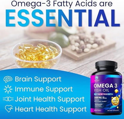 Omega 3 Fish Oil 2400 mg Supplement, Sustainably Sourced, Triple Strength Omega-3 Supplement Softgels, Brain Health Support, EPA & DHA Fish Oil Fatty Acids Supplements, Gluten & GMO Free, 120 Softgels
