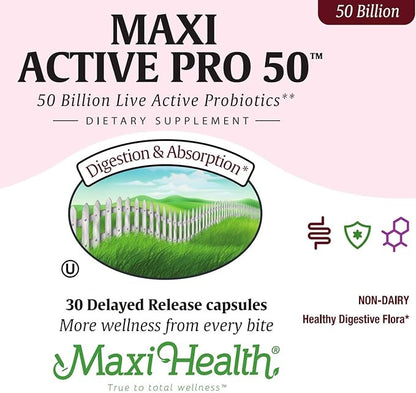 Maxi Health Probiotic Plus Ultimate Prebiotic Advanced Live Probiotics Formula - 50 Billion Live Active Probiotic - 15 Strains - Ultra Protection - Active Pro-50-30 Count