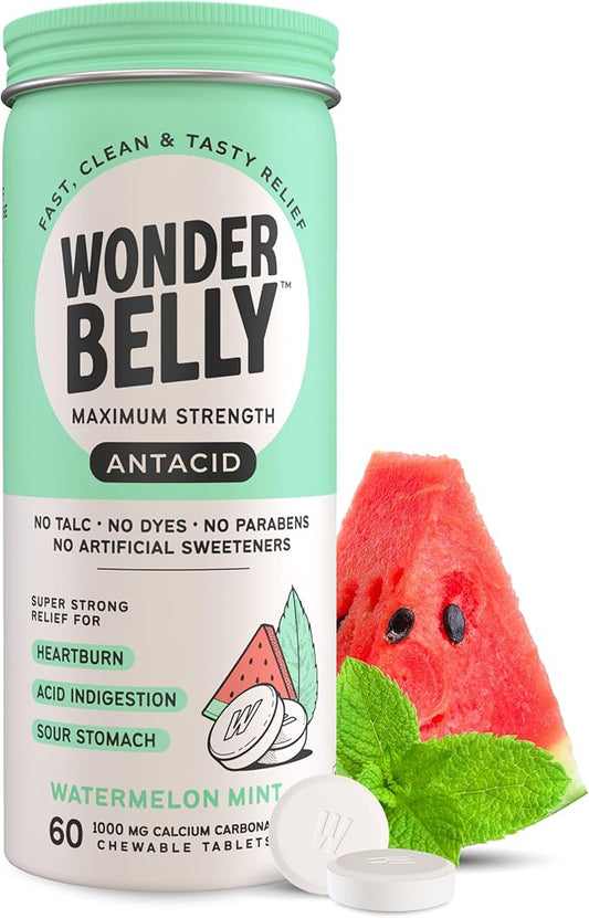 Wonderbelly Antacid, Effective Heartburn and Instant Acid Indigestion Relief, Extra Strength Chewable Tablets, 1000 mg Calcium Carbonate, No Talc or Dye, Watermelon Mint, 60 Count