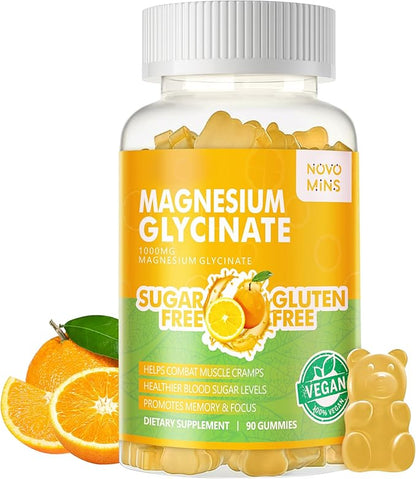 90 CT Magnesium Glycinate Gummies 1000mg - Sugar Free Magnesium Potassium Supplement with Vitamin D, B6, CoQ10 for Calm Mood & Sleep Support - 90 Orange Gummies.