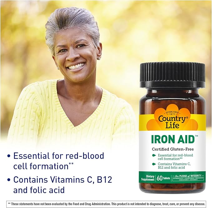 Country Life - Iron Aid, with Vitamins C, B-12, and Folic Acid - 60 Tablets
