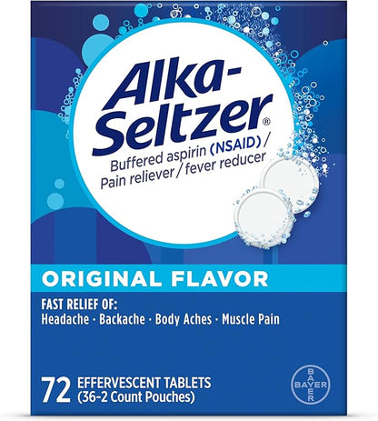 Alka-Seltzer Effervescent Tablets Original Flavor, Fast Multi-Symptom Relief from Headache and Body Ache, Dissolvable Effervescent Fizzy Tablets, 72 Ct