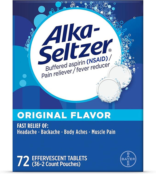 Alka-Seltzer Effervescent Tablets Original Flavor, Fast Multi-Symptom Relief from Headache and Body Ache, Dissolvable Effervescent Fizzy Tablets, 72 Ct