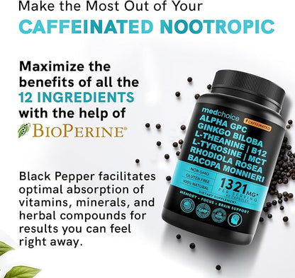 12-in-1 Nootropic Brain Supplement with Caffeine Anhydrous - Ginkgo Biloba for Brain Support, Memory, Focus - B12, Alpha GPC, L Theanine, Choline Supplements with Bioperine, 1321mg, (60ct, Pack of 2)