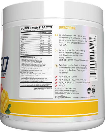 EHP Labs OxyShred Pre Workout Powder - Preworkout Powder with L Glutamine & Acetyl L Carnitine, Energy Boost Drink - Mango, 60 Servings