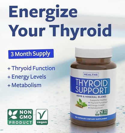 Thyroid Support with Iodine - 180 Capsules (Non-GMO) Improve Your Energy - Ashwagandha Root, Zinc, Selenium, Vitamin B12 Complex - Thyroid Health Supplement for Women and for Men - 90 Day Supply