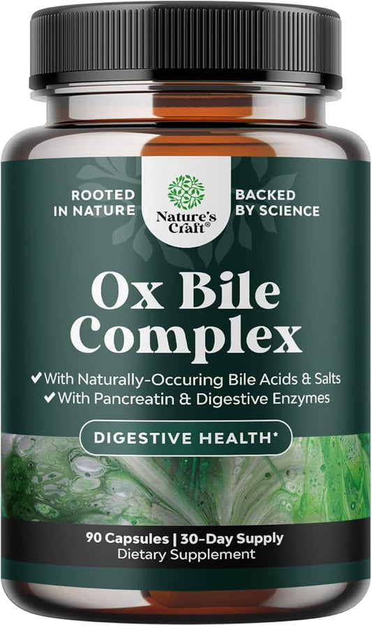 Digestive Enzymes with Ox Bile - Ox Bile Supplements for No Gallbladder with Trypsin, Papain & Bromelain Enzyme for Pancrease Cleanse & Detox - Pancreatin Digestion Enzymes for Women & Men - 90 Ct