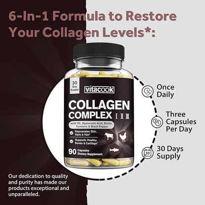 Collagen Peptides Complex, Type I, II, III, 2025 MG, Hydrolyzed Multi Collagen, VC, Biotin, HA, Turmeric & Black Pepper, for Skin, Hair, Nails, 90 Caps