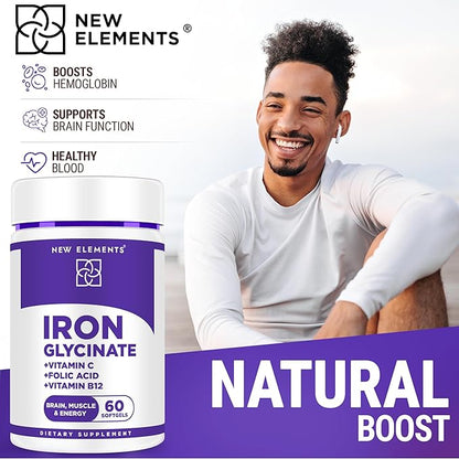 Iron Glycinate 50mg with Vitamin C, Folic Acid & B12 | Advanced Iron Supplement for Anemia Relief, Energy Boost & Immune Support | Gentle on Stomach, Fast Absorption | Natural Softgels for Women & Men