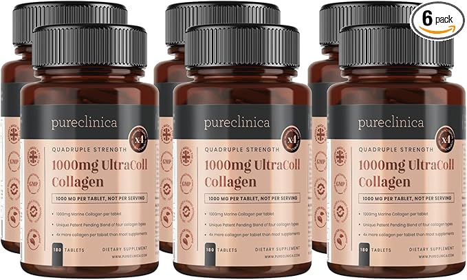 pureclinica UltraColl Marine Collagen 1000mg x 1080 Tablets (6 Bottles of 180 Tablets - 18 Months Supply). The only Patented Anti-Aging Collagen Types I, II, III, and VII.