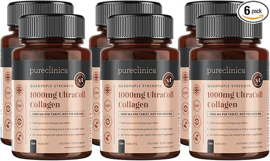 pureclinica UltraColl Marine Collagen 1000mg x 1080 Tablets (6 Bottles of 180 Tablets - 18 Months Supply). The only Patented Anti-Aging Collagen Types I, II, III, and VII.