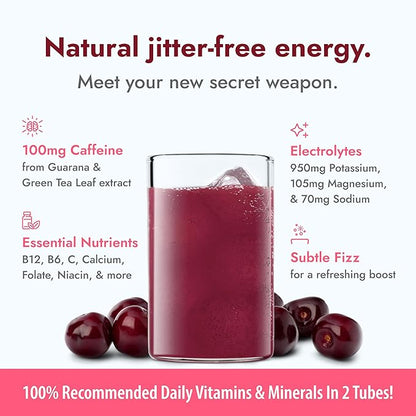Zipfizz Daily Energy Drink Powder, Black Cherry, 20 Pack | 3-in-1 Sustained Energy, Rapid Hydration, and Essential Vitamins | Sugar-Free | Electrolyte Powder | Contains Vitamin B-12 & Antioxidants