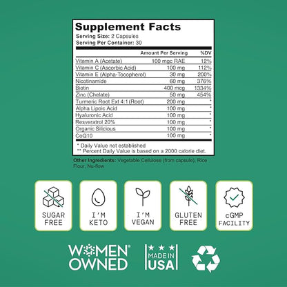 Healthy Aging Supplement for Women with Resveratrol, NAD, Collagen Booster, Biotin and More - Beauty with 12 Ingredients - USA Made, Vegan, 60 Capsules, Nutitionist formulated.