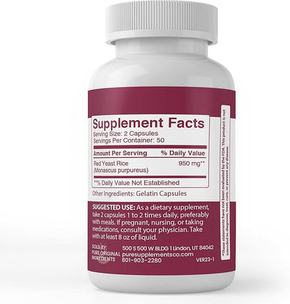 PURE ORIGINAL INGREDIENTS Red Yeast Rice Extract, (100 Capsules) Always Pure, No Additives Or Fillers, Lab Verified