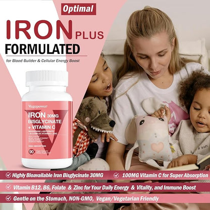 Iron Supplements for Women Men, Vegan Iron Bisglycinate 30mg Plus Vitamin C, B12, Folic Acid - Iron Pills for Anemia, Health Blood & Energy Support - Gentle, High Absorption, Non-GMO - 90 Capsules
