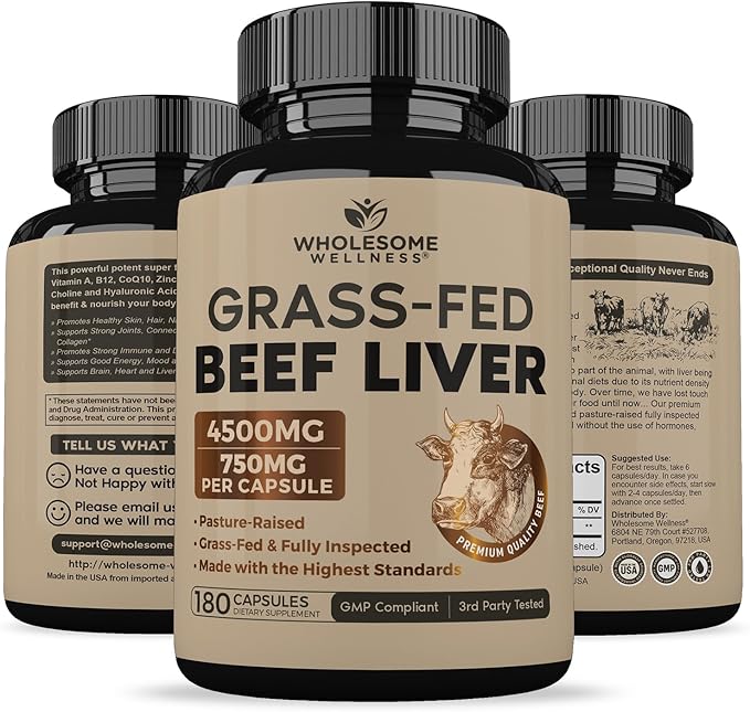 Wholesome Wellness Grass Fed Desiccated Beef Liver Capsules (180 Pills, 750mg Each) - Natural Iron, Vitamin A, B12 for Energy - Raised Undefatted in New Zealand Without Hormones or Chemicals