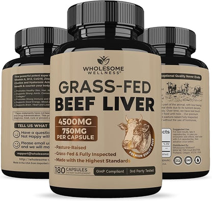 Wholesome Wellness Grass Fed Desiccated Beef Liver Capsules (180 Pills, 750mg Each) - Natural Iron, Vitamin A, B12 for Energy - Raised Undefatted in New Zealand Without Hormones or Chemicals