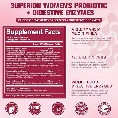 (2 Packs) Probiotics for Women, 120 Billion Women Probiotic, Digestive Enzymes & Prebiotics, with Akkermansia, Cranberry, D-Mannose, for Gut, Vaginal, Urinary, Immune, PH Balance