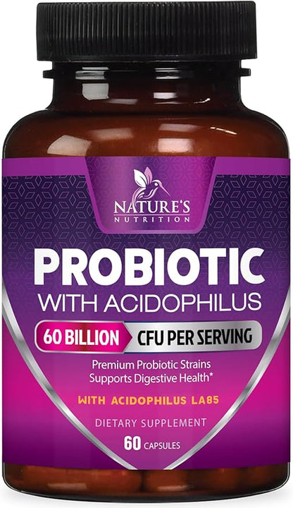 Probiotics 60 Billion CFU per Serving - 10 Strains + Prebiotics - Immune, Digestive & Gut Health Support, Supports Occasional Constipation, Gas & Bloating for Women & Men, Shelf Stable - 60 Capsules