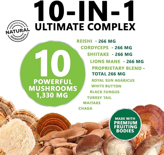 Mushroom Supplement 10 in 1 High Strength Lions Mane Mushroom - Turkey Tail, Reishi, Cordyceps, Chaga & Mushrooms Nootropic Brain Supplements for Memory & Focus Support, Mushroom Complex, 120 Capsules