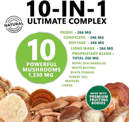 Mushroom Supplement 10 in 1 High Strength Lions Mane Mushroom - Turkey Tail, Reishi, Cordyceps, Chaga & Mushrooms Nootropic Brain Supplements for Memory & Focus Support, Mushroom Complex, 120 Capsules