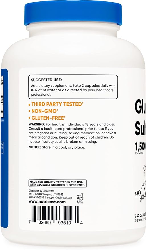 Nutricost Glucosamine Sulfate 1500mg, 240 Capsules - 750mg Per Capsule, Gluten Free, Non-GMO