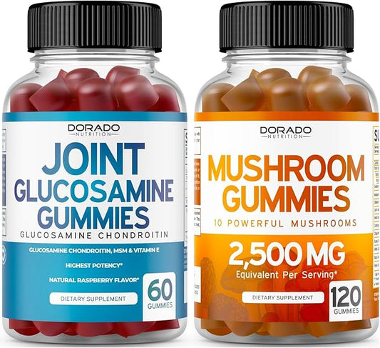Glucosamine Chondroitin (60 Count) Joint Supplements for Men & Women - Delicious Raspberry Flavor and Mushroom 10 in 1 Blend (120 Gummies) Focus & Brain Mushroom Supplement - Vegan & USA Made