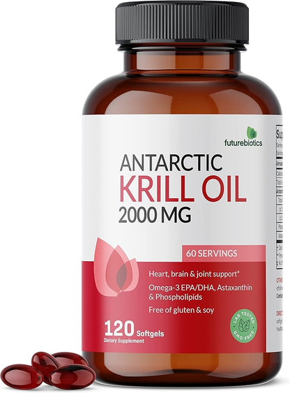 Futurebiotics Antarctic Krill Oil 2000mg with Astaxanthin, Omega-3s EPA, DHA and Phospholipids - 100% Pure Premium Krill Oil Heavy Metal Tested, Non GMO – 120 Softgels