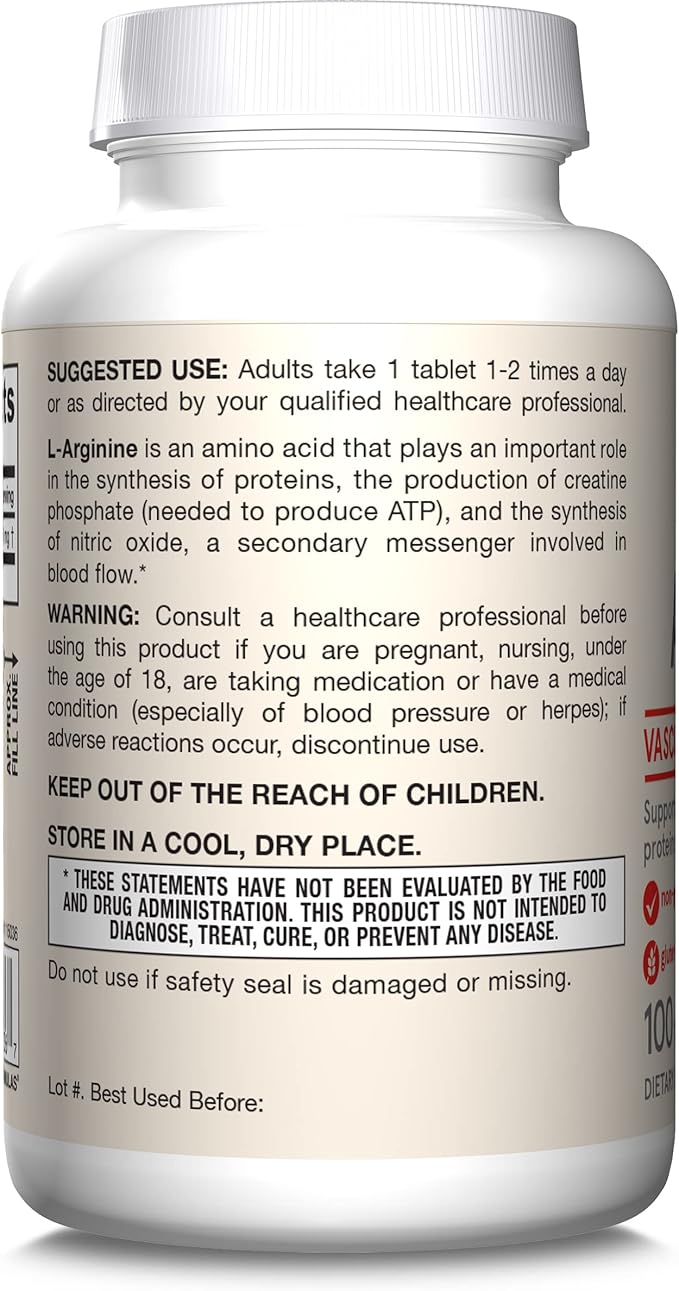 Jarrow Formulas Arginine 1000 mg, Dietary Supplement, Supports Nitric Oxide Production, Supports Protein Synthesis, 100 Tablets, Up to 100 Day Supply