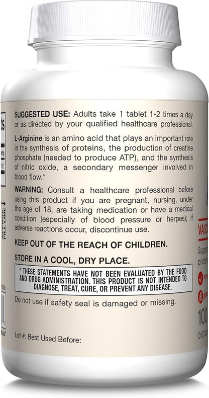 Jarrow Formulas Arginine 1000 mg, Dietary Supplement, Supports Nitric Oxide Production, Supports Protein Synthesis, 100 Tablets, Up to 100 Day Supply