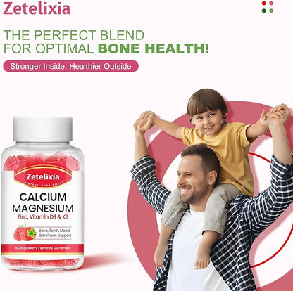 Calcium Magnesium Zinc Gummies with Vitamin D3 & K2, Calcium Gummies for B0nes Muscles, Women & Men, Raspberry Flavor - 60 Count