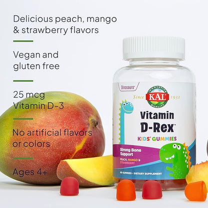 KAL Vitamin D-Rex - Vitamin D Gummies for Kids - Kids Vitamin D3 - Peach, Mango, and Strawberry Flavors - Immune, Heart, Bone & Oral Support - Vegetarian, Gluten Free - 60 Servings, 60 Gummies