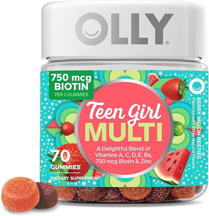 Olly Teen Girl Multi Gummy, Healthy Skin and Immune Support, 15 Essential Vitamins, Biotin, Zinc, Calcium, Chewable Multivitamin, Berry Melon, 35 Day Supply, 70 Count