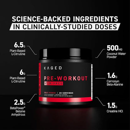 Kaged Stimulant Free Pre Workout Powder Fruit Punch Pre-Kaged Formulated with Creatine, Beta Alanine No Jitters 20 Servings