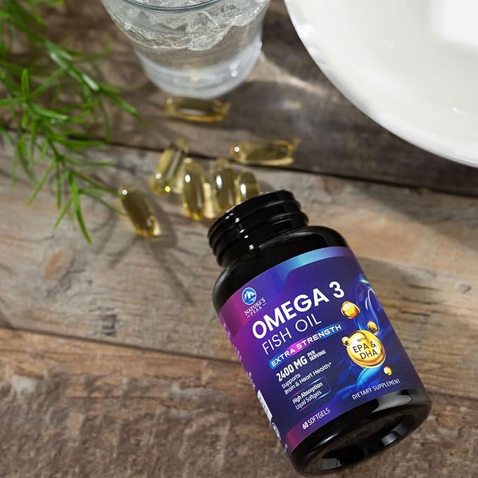 Omega 3 Fish Oil 2400 mg Supplement, Sustainably Sourced, Triple Strength Omega-3 Supplement Softgels, Brain Health Support, EPA & DHA Fish Oil Fatty Acids Supplements, Gluten & GMO Free, 60 Softgels