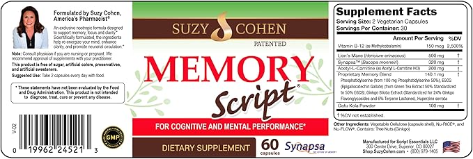 Suzy Cohen Memory Script with Lions Mane, Phosphatidylserine, Green Tea Extract and Ginkgo - Brain Support Supplement for Focus - Nootropic Capsules for Cognition, Faster Recall and Mood