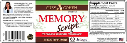 Suzy Cohen Memory Script with Lions Mane, Phosphatidylserine, Green Tea Extract and Ginkgo - Brain Support Supplement for Focus - Nootropic Capsules for Cognition, Faster Recall and Mood