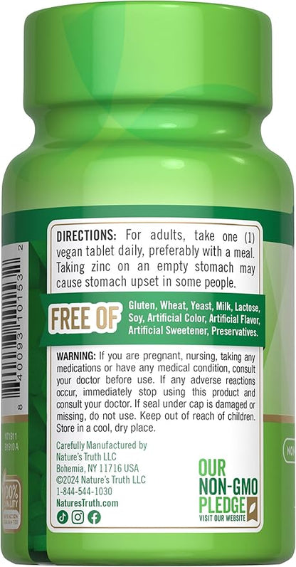 Nature's Truth Chelated Zinc 50mg | 100 Tablets | Essential Mineral Supplement | from Zinc Gluconate | Vegan, Non-GMO & Gluten Free