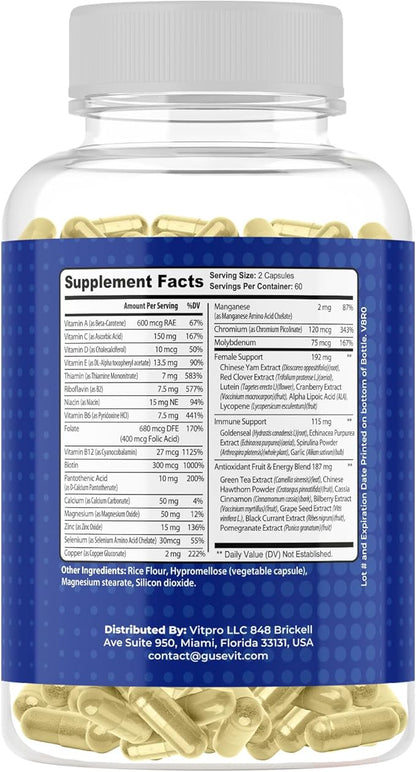 37-in-1 Women's Multivitamin for Immune & Stress Support, Energy Booster, Bone & Skin Health, Hair Growth & Overall Wellness | Vitamin C, D3, Folic Acid, B-Complex, Biotin, Zinc & More | 60 Ct