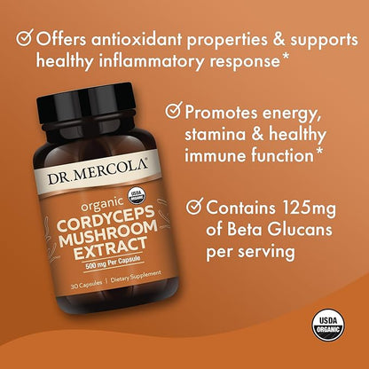 Dr. Mercola Organic Cordyceps Mushroom Extract, 30 Servings (30 Capsules), 500 mg Per Capsule, Dietary Supplement, Immune Support, Non-GMO, Certified USDA Organic