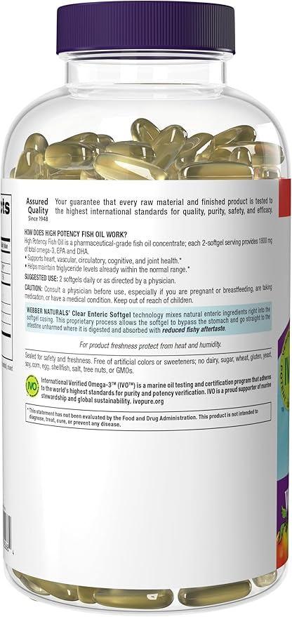 Webber Naturals Fish Oil 2850 mg, High Potency, 1800 mg Omega-3 per Serving, 240 Clear Enteric Softgels, No Fishy Aftertaste, Ultra-Purified, Supports Heart, Cognitive, and Joint Health