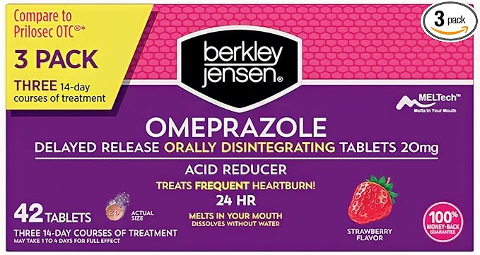 Berkley Jensen Omeprazole 20 mg, Delayed Release Dissolving Acid Reducer Pills - 3 x 14-Day Regimen, 24-Hour Effect - Heartburn Relief, Eases Acid Reflux - Strawberry Flavor 42-Count