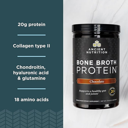 Ancient Nutrition Grass Fed, Cage Free, Bone Broth Protein Powder, 20g Protein, Hydrolyzed Collagen Peptides, Keto & Paleo Friendly, Supports Joint, Gut Health, Chocolate, 40 Servings