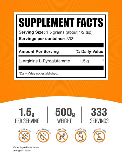 BulkSupplements.com L-Arginine L-Pyroglutamate Powder - Arginine Supplement, Nitric Oxide Supplement - Gluten Free, 1.5g per Serving, 500g (1.1 lbs) (Pack of 1)