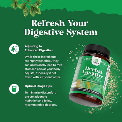 Herbal Laxative Capsules with Probiotics – Natural Laxatives for Constipation with Senna Leaf, Psyllium, Aloe Vera – Colon Cleanse for Women & Men - Detox for Gut Health & Weight Management – 60 Ct