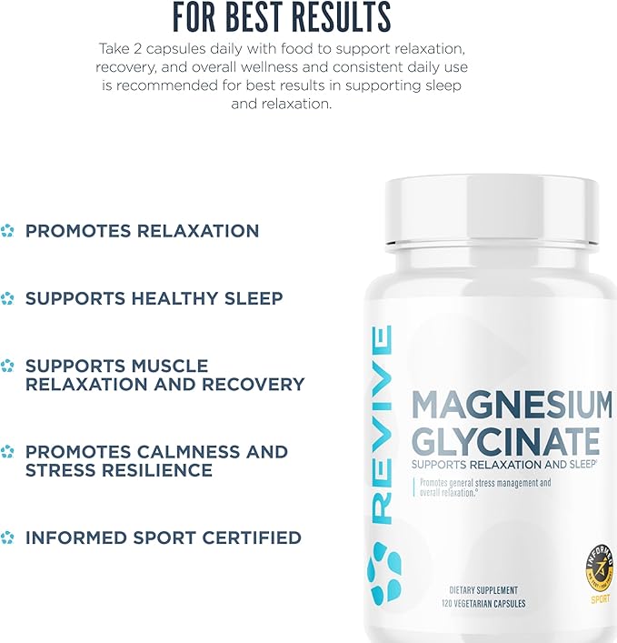 Revive MD Pure Magnesium Glycinate Capsules 200mg High Absorption Supplement for Relaxation & Stress Relief - Organic Memory & Sleep Support Pills for Strong Bones, Normal Nerve & Muscle Function
