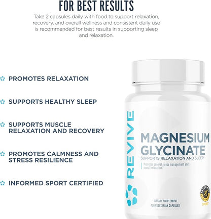 Revive MD Pure Magnesium Glycinate Capsules 200mg High Absorption Supplement for Relaxation & Stress Relief - Organic Memory & Sleep Support Pills for Strong Bones, Normal Nerve & Muscle Function
